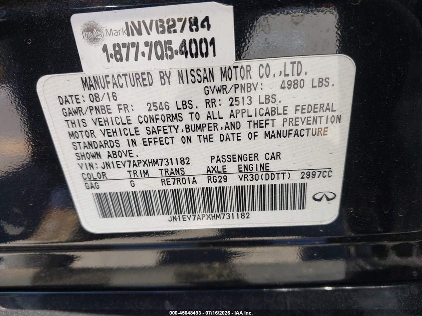 2017 Infiniti Q50 VIN JN1EV7APXHM731182 IAAI salvage auction — FRONT END, Salvage Title, sold $3,650 on 2026-09-22 (photo 9)