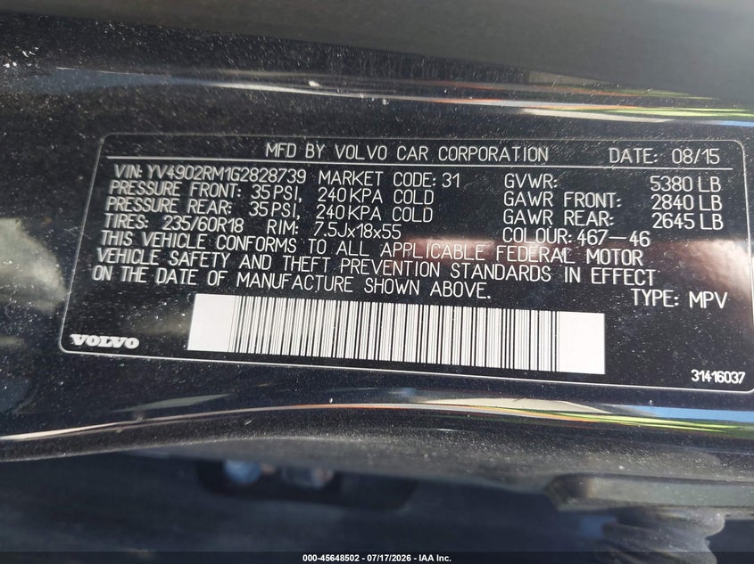 2016 Volvo Xc60 VIN YV4902RM1G2828739 IAAI salvage auction — FRONT END, Mv-907A (New York), sold $250 on 2026-07-30 (photo 9)