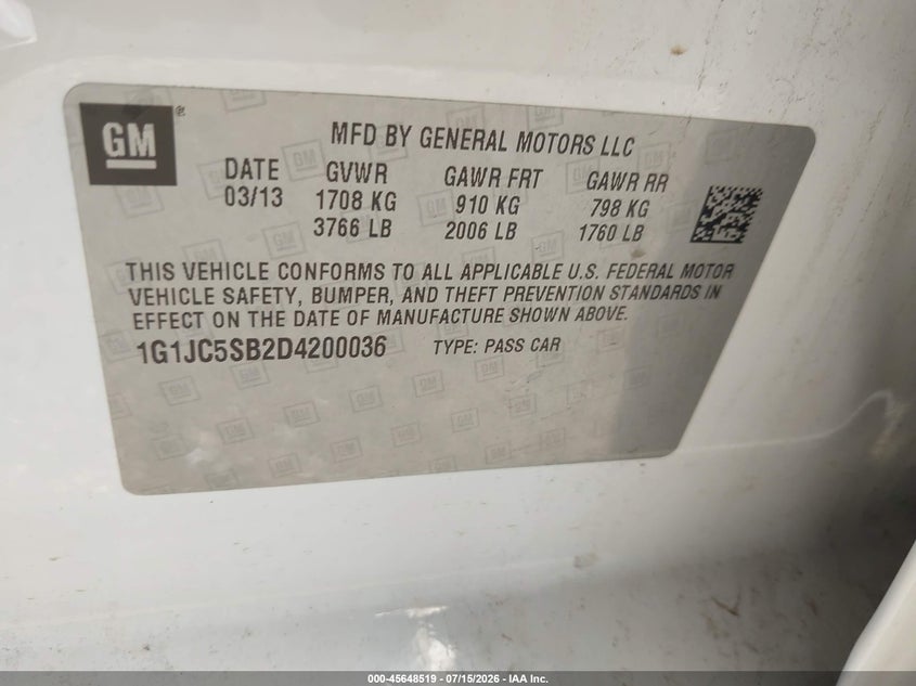 2013 Chevrolet SONIC VIN 1G1JC5SB2D4200036 IAAI salvage auction — NORMAL WEAR, Clear - Public Restricted (Oklahoma), sold $275 on 2026-07-22 (photo 9)