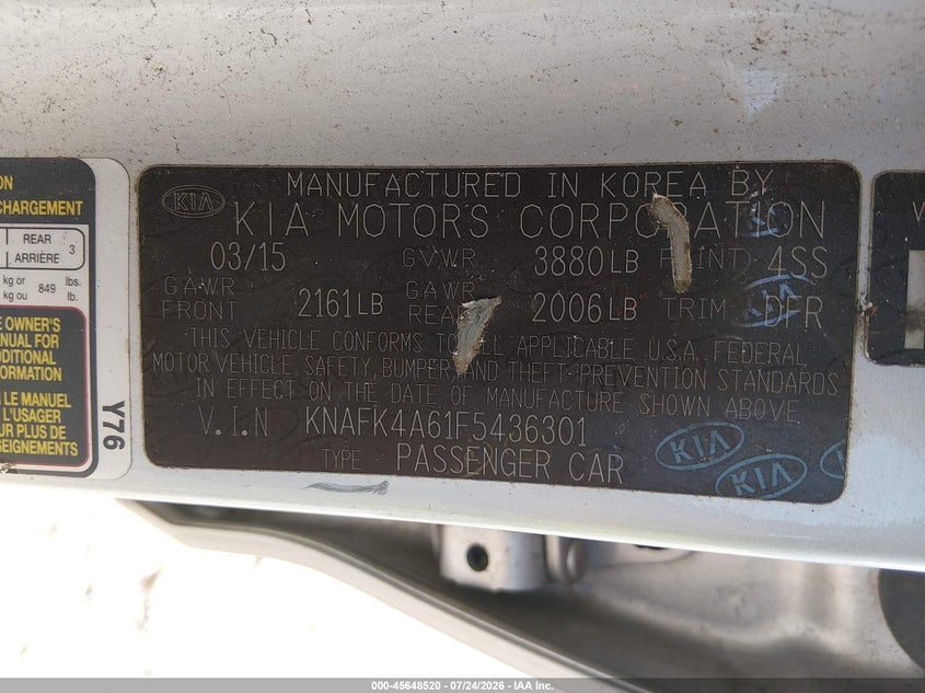 2015 Kia Forte VIN KNAFK4A61F5436301 IAAI salvage auction — NORMAL WEAR, Clear (New Jersey), sold $225 on 2026-07-28 (photo 9)