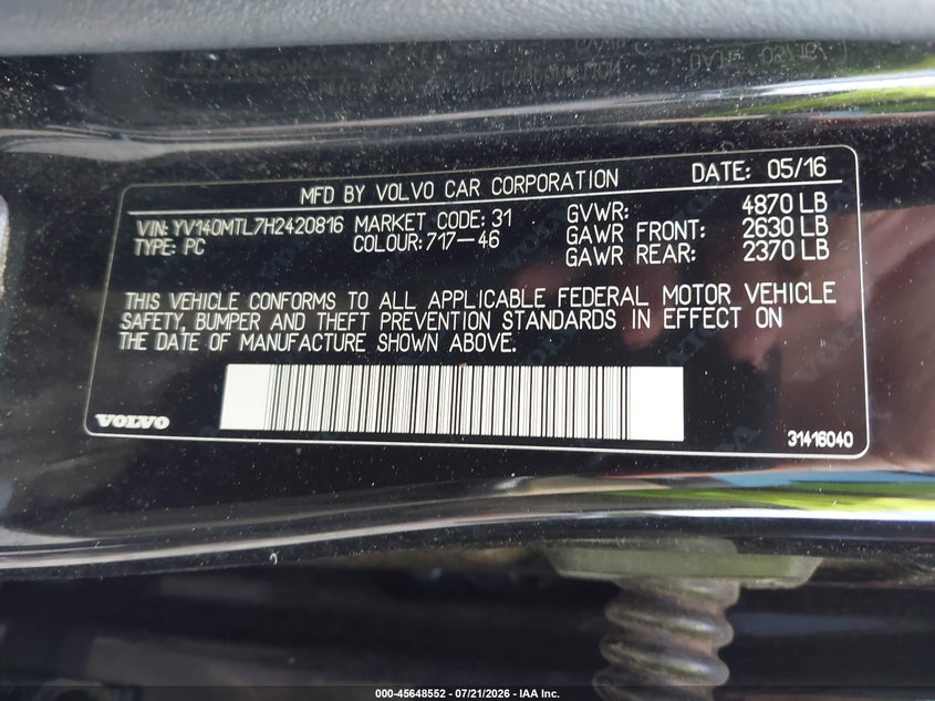 2017 Volvo S60 VIN YV140MTL7H2420816 IAAI salvage auction — REAR END, Salvage Title, sold $3,375 on 2026-08-19 (photo 9)