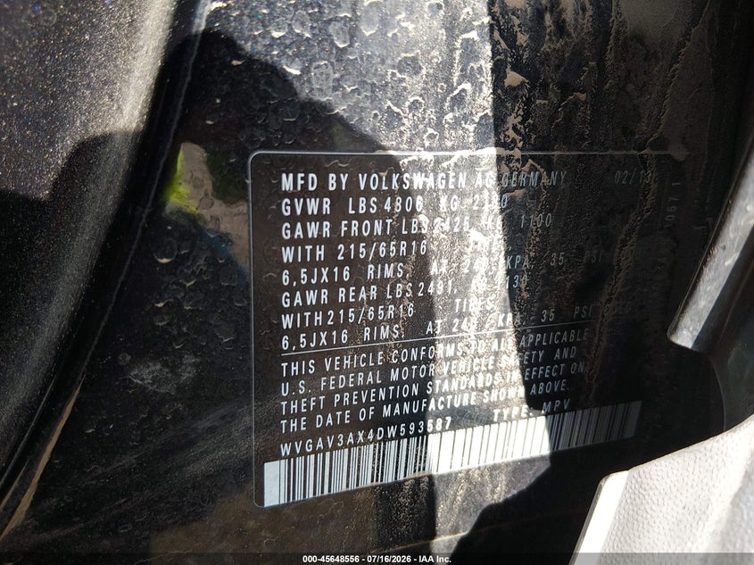 2013 Volkswagen Tiguan VIN WVGAV3AX4DW593587 IAAI salvage auction — NORMAL WEAR, Salvage Title, sold $25 on 2026-07-29 (photo 9)