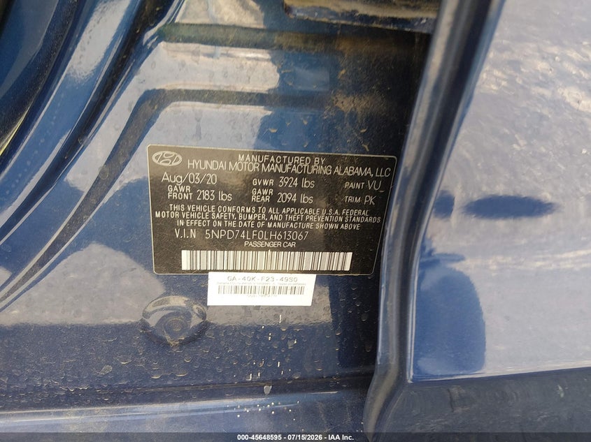 2020 Hyundai Elantra VIN 5NPD74LF0LH613067 IAAI salvage auction — LEFT & RIGHT, Sf97 (California), sold $9,550 on 2026-08-25 (photo 9)