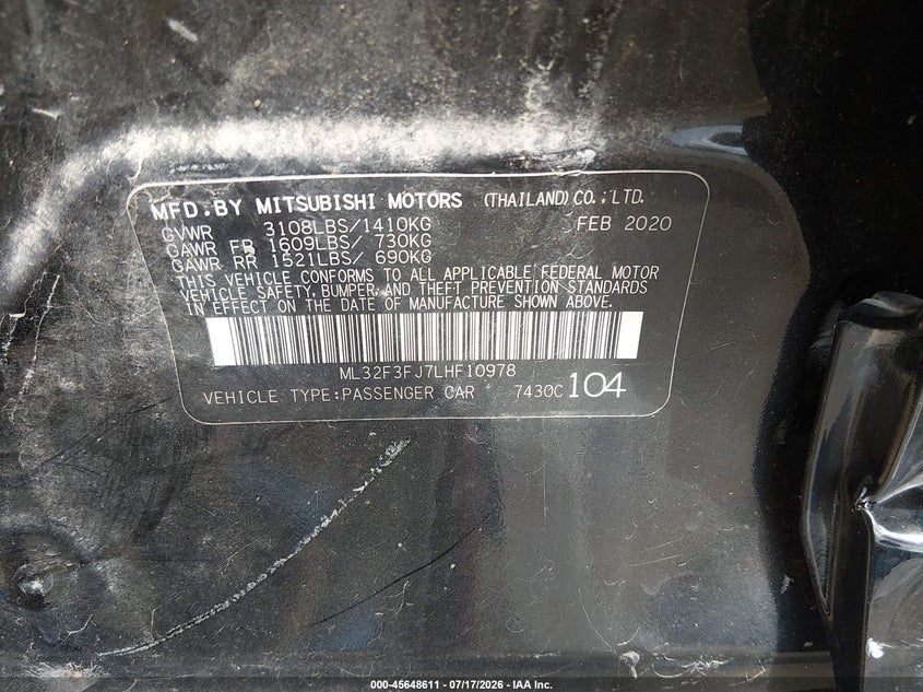 2020 Mitsubishi Mirage VIN ML32F3FJ7LHF10978 IAAI salvage auction — SIDE, Salvage Title, sold $1,400 on 2026-09-07 (photo 9)