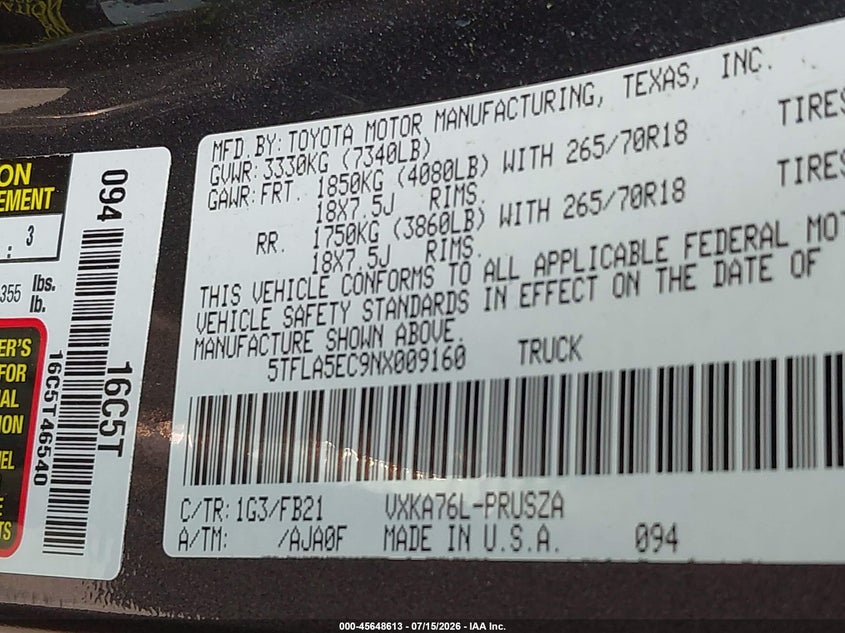 2022 Toyota Tundra VIN 5TFLA5EC9NX009160 IAAI salvage auction — LEFT REAR, Mv-907A (New York), sold $14,100 on 2026-07-27 (photo 9)