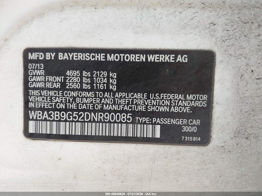 2013 BMW 3er VIN WBA3B9G52DNR90085 IAAI salvage auction — FRONT END, Bill Of Sale (Washington), sold $3,800 on 2026-07-29 (photo 9)