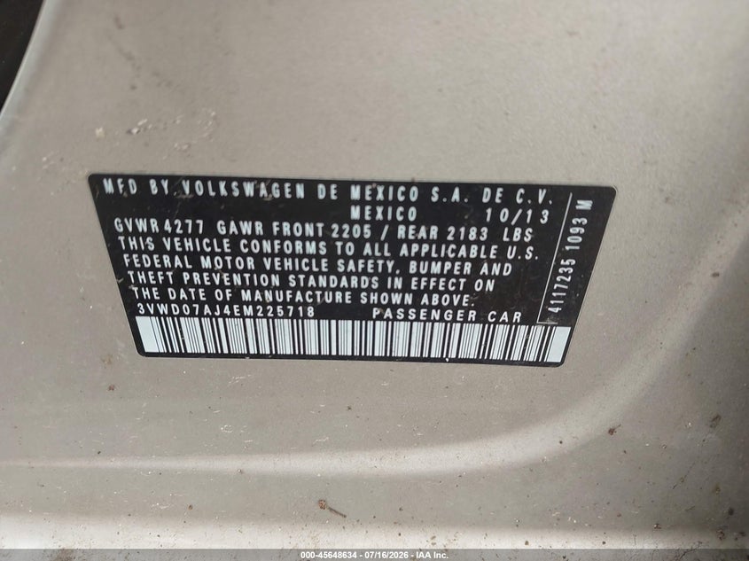 2014 Volkswagen Jetta VIN 3VWD07AJ4EM225718 IAAI salvage auction — FRONT & REAR, Original (Texas), sold $2,300 on 2026-08-09 (photo 9)