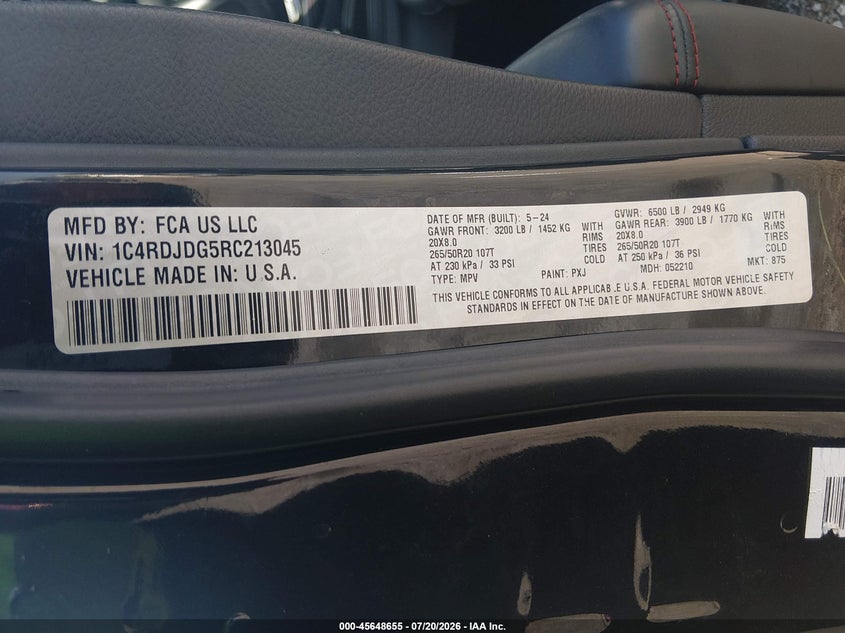2024 Dodge Durango VIN 1C4RDJDG5RC213045 IAAI salvage auction — RIGHT SIDE, Salvage Title, sold $13,000 on 2026-10-14 (photo 9)