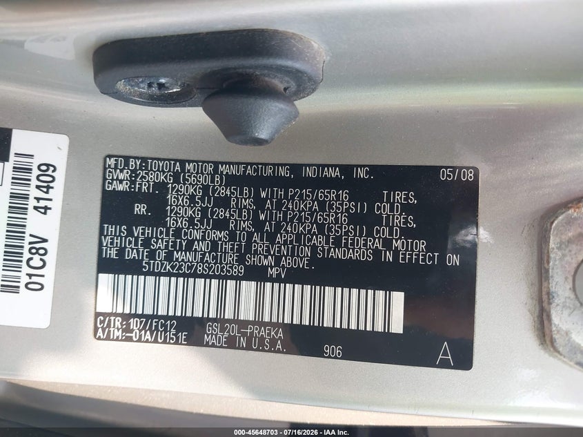 2008 Toyota Sienna VIN 5TDZK23C78S203589 IAAI salvage auction — NORMAL WEAR, Clear (Massachusetts), sold $850 on 2026-07-24 (photo 9)
