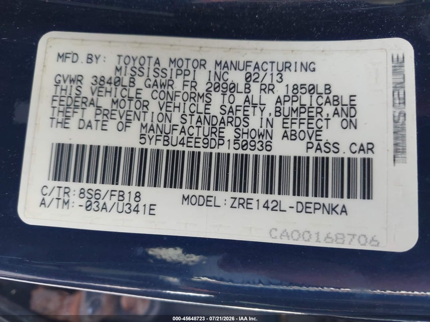2013 Toyota Corolla VIN 5YFBU4EE9DP150936 IAAI salvage auction — NORMAL WEAR, Clear (New York), sold $675 on 2026-07-30 (photo 9)