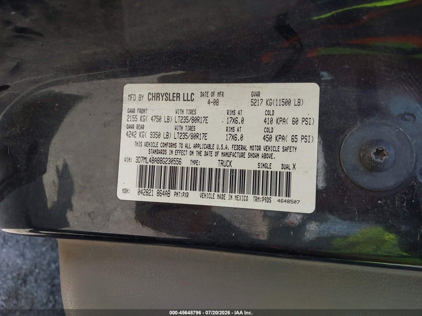 2008 Dodge Ram 3500 VIN 3D7ML48A88G230556 IAAI salvage auction — SIDE, Salvage (Texas), sold $3,250 on 2026-08-25 (photo 9)