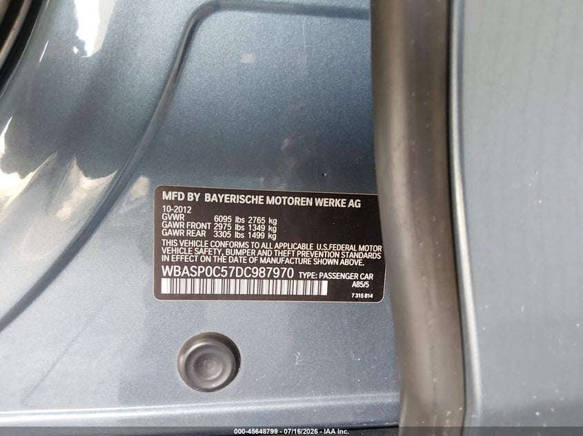2013 BMW 5 series VIN WBASP0C57DC987970 IAAI salvage auction — LEFT SIDE, Clear (Florida), sold $2,500 on 2026-07-29 (photo 9)
