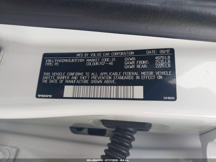 2018 Volvo VIN LYV402HK8JB173191 IAAI salvage auction — FRONT END, Salvage Title, sold $25 on 2026-08-27 (photo 9)