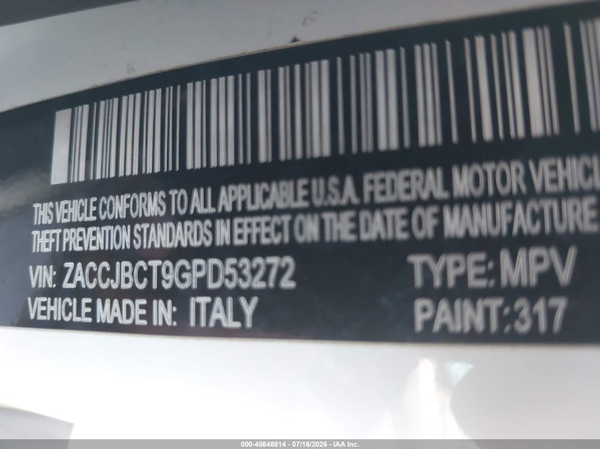 2016 Jeep Renegade VIN ZACCJBCT9GPD53272 IAAI salvage auction — FRONT END, Salvage Title, sold $975 on 2026-08-13 (photo 9)