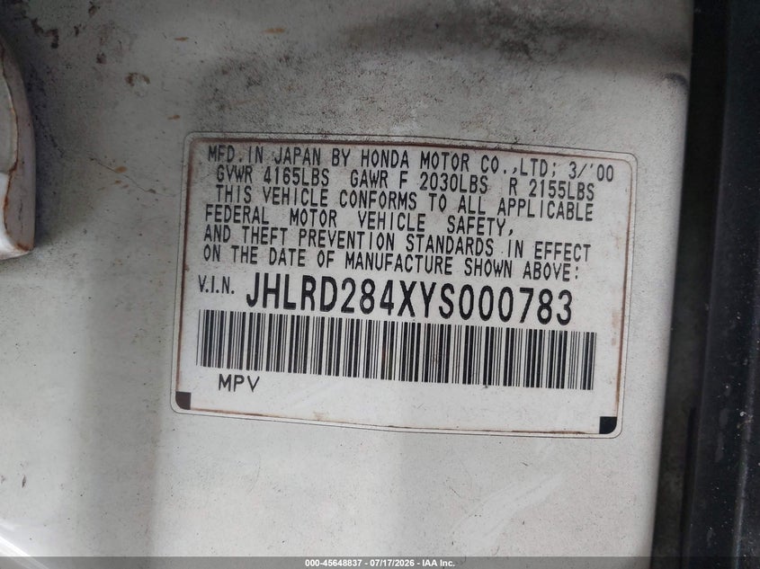 2000 Honda Cr-v VIN JHLRD284XYS000783 IAAI salvage auction — FRONT END, Clear (Florida), sold $125 on 2026-07-29 (photo 9)
