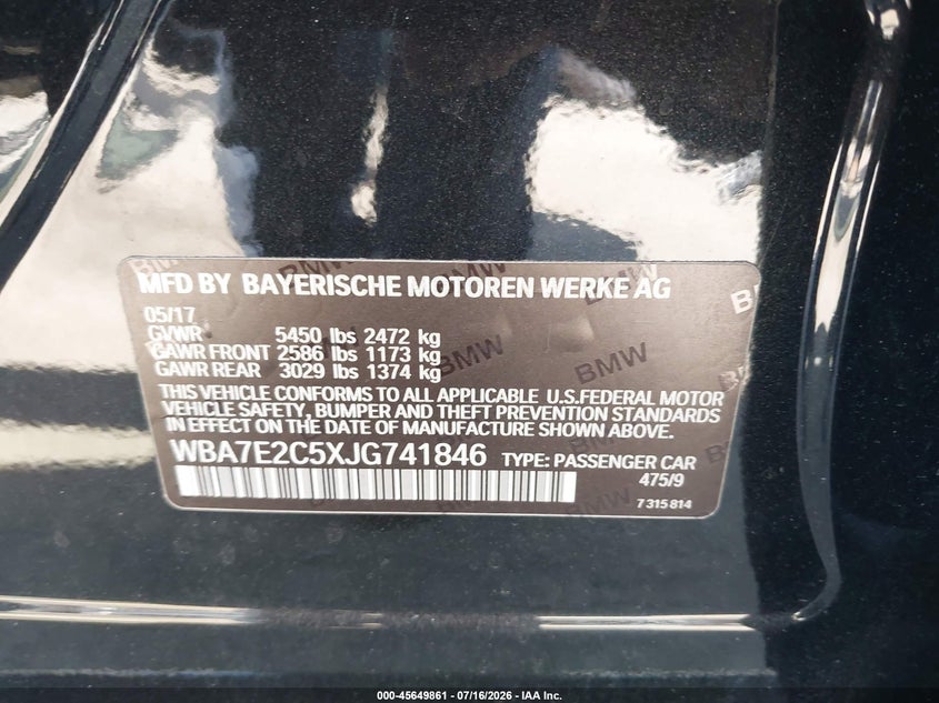 2018 BMW 7er VIN WBA7E2C5XJG741846 IAAI salvage auction — SIDE, Wait Title, sold $7,600 on 2026-08-16 (photo 9)