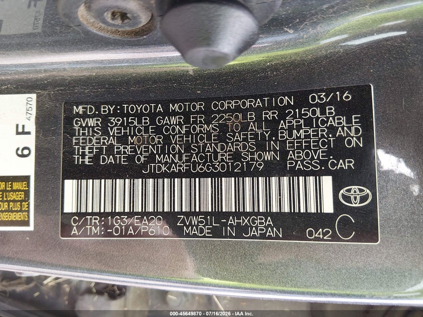 2016 Toyota Prius VIN JTDKARFU6G3012179 IAAI salvage auction — NORMAL WEAR, Original (Texas), sold $1,350 on 2026-07-22 (photo 9)
