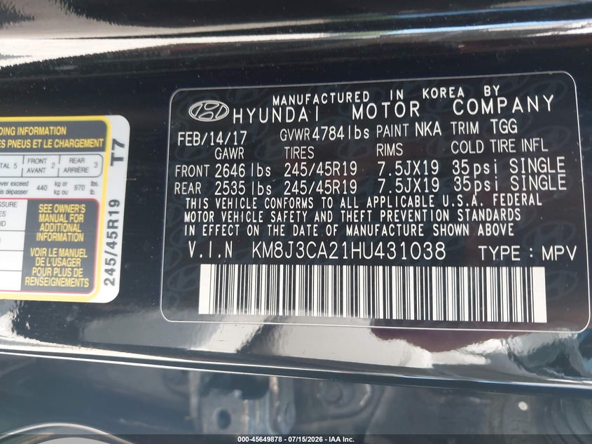 2017 Hyundai Tucson VIN KM8J3CA21HU431038 IAAI salvage auction — UNKNOWN, Clear (Tennessee), sold $1,000 on 2026-07-22 (photo 9)