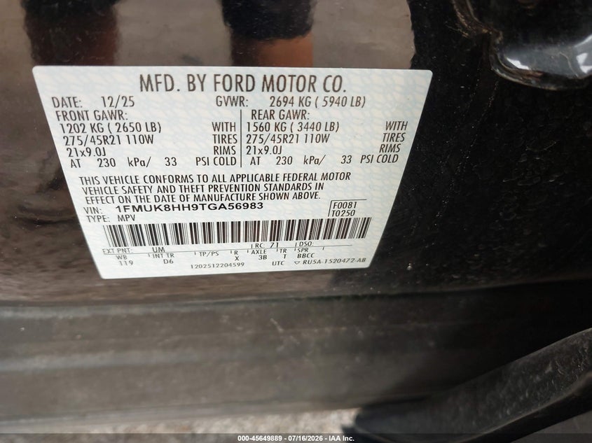 2026 Ford Explorer VIN 1FMUK8HH9TGA56983 IAAI salvage auction — LEFT SIDE, Original (Ohio), sold $7,600 on 2026-07-30 (photo 9)