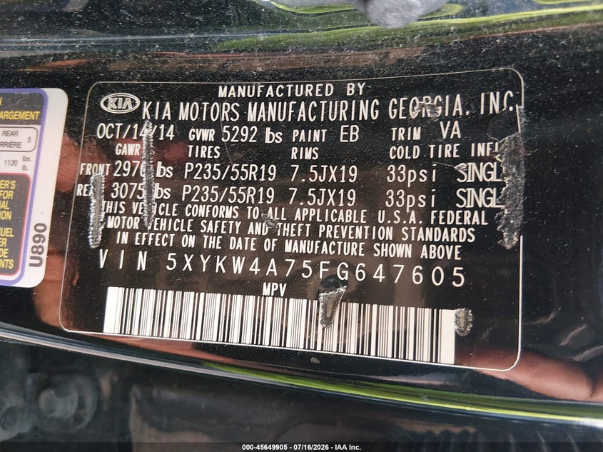 2015 Kia Sorento VIN 5XYKW4A75FG647605 IAAI salvage auction — NORMAL WEAR, Clear (District Of Columbia), sold $1,725 on 2026-07-29 (photo 9)