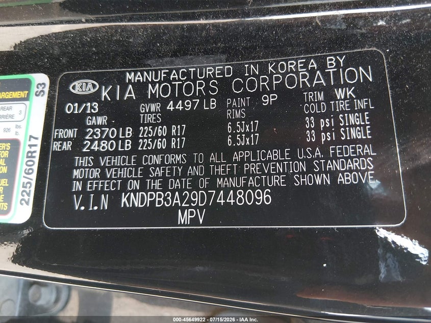 2013 Kia Sportage VIN KNDPB3A29D7448096 IAAI salvage auction — NORMAL WEAR, Clear-Dealer Only (Washington), sold $800 on 2026-07-30 (photo 9)
