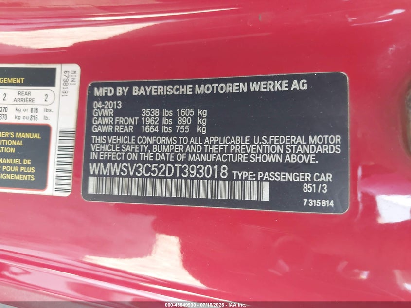 2013 Mini Hard top VIN WMWSV3C52DT393018 IAAI salvage auction — NORMAL WEAR, Clear (Georgia), sold $375 on 2026-07-23 (photo 9)