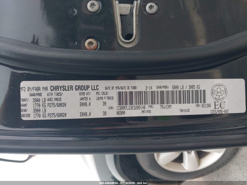 2014 Ram 1500 VIN 1C6RR7LG3ES289148 IAAI salvage auction — RIGHT SIDE, Mv-907A (New York), sold $3,000 on 2026-08-14 (photo 9)