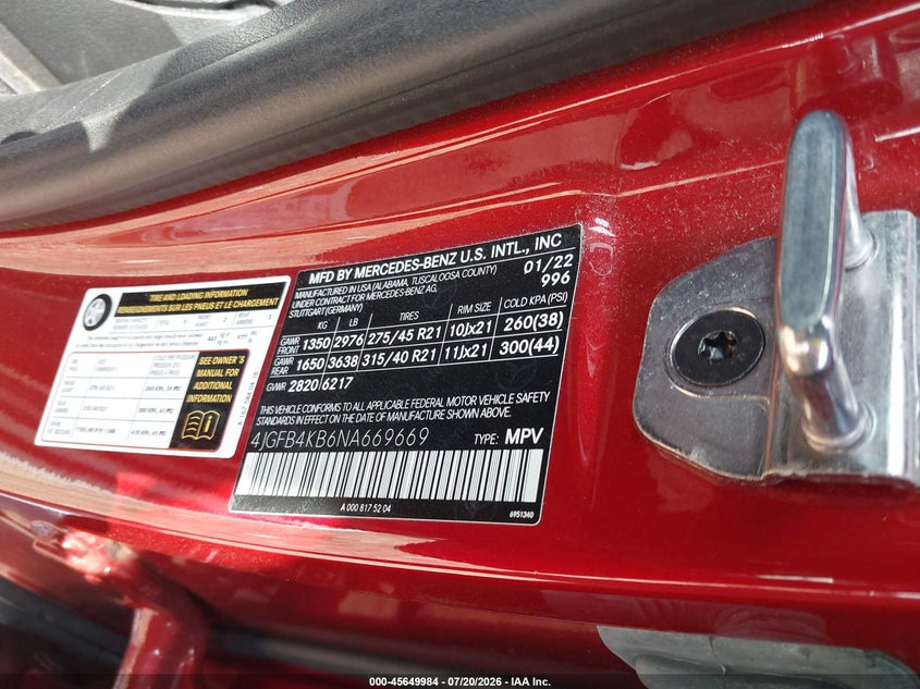 2022 Mercedes-benz Gle VIN 4JGFB4KB6NA669669 IAAI salvage auction — FRONT END, Salvage Title, sold $18,400 on 2026-08-28 (photo 9)