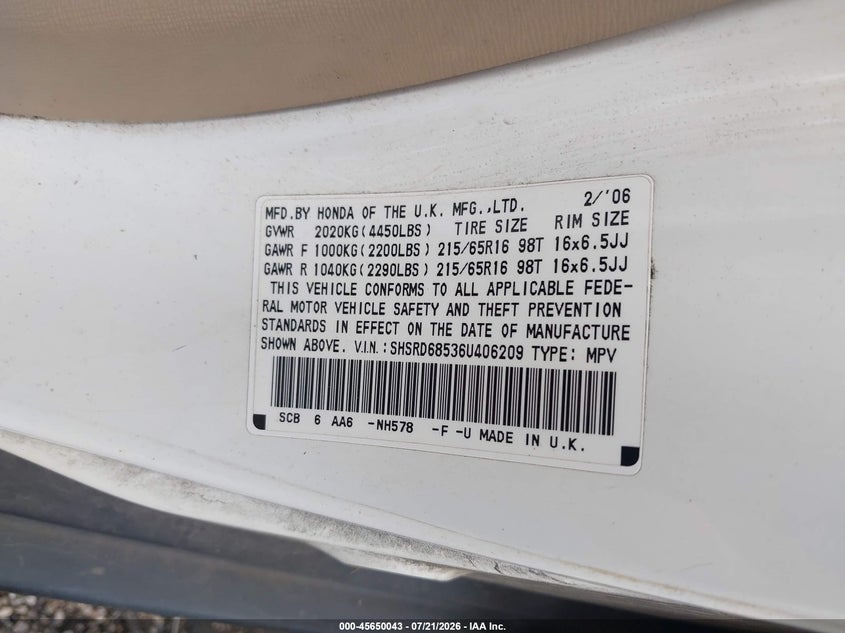 2006 Honda Cr-v VIN SHSRD68536U406209 IAAI salvage auction — NORMAL WEAR, Original (Kentucky), sold $625 on 2026-07-29 (photo 9)