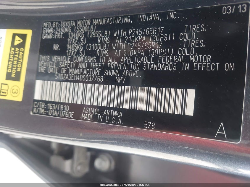 2013 Toyota Highlander VIN 5TDZA3EH4DS037768 IAAI salvage auction — MECHANICAL, Repossession Paperwork (North Carolina), sold $925 on 2026-07-29 (photo 9)