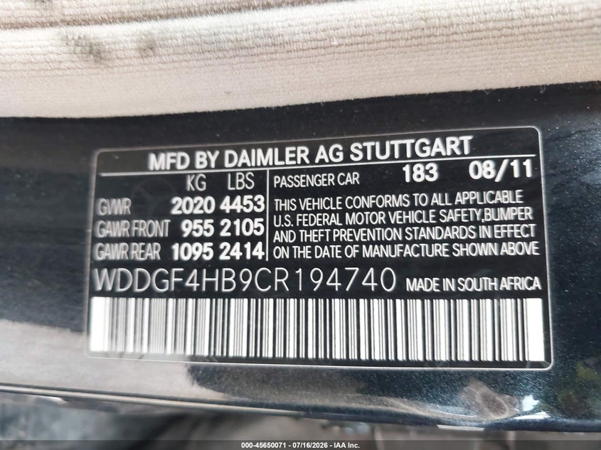 2012 Mercedes-benz C class VIN WDDGF4HB9CR194740 IAAI salvage auction — NORMAL WEAR, Original (Texas), sold $500 on 2026-07-29 (photo 9)