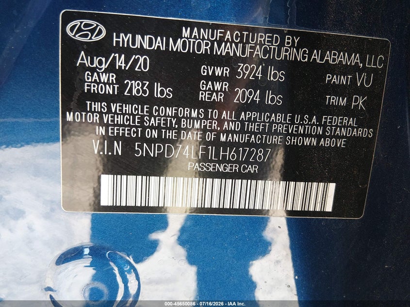 2020 Hyundai Elantra VIN 5NPD74LF1LH617287 IAAI salvage auction — SIDE, SF97 (California), sold $8,200 on 2026-08-25 (photo 9)