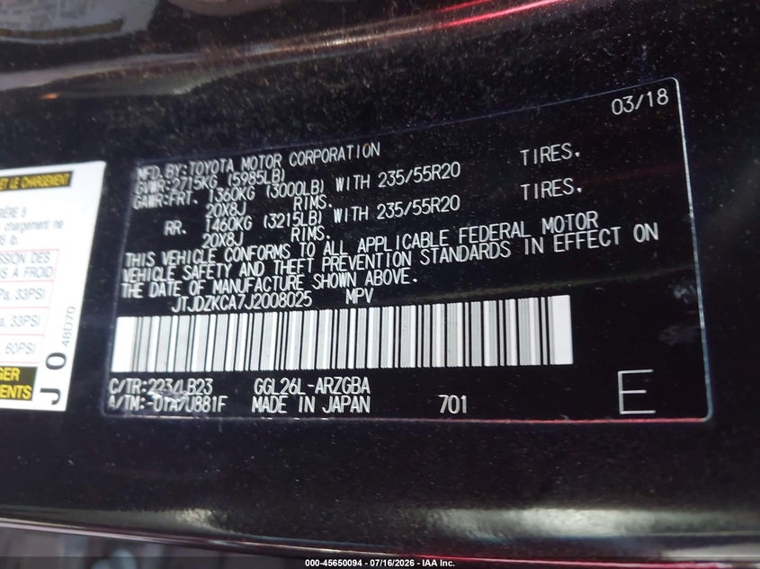 2018 Lexus Rx VIN JTJDZKCA7J2008025 IAAI salvage auction — NORMAL WEAR, Clear-Dealer Only (North Carolina), sold $7,200 on 2026-07-29 (photo 9)