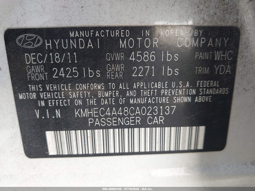 2012 Hyundai Sonata VIN KMHEC4A48CA023137 IAAI salvage auction — NORMAL WEAR, Clear (North Carolina), sold $250 on 2026-07-30 (photo 9)