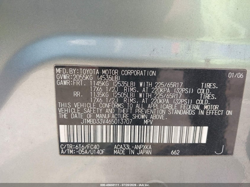 2006 Toyota Rav4 VIN JTMBD33V465013707 IAAI salvage auction — NORMAL WEAR, Clear (Maryland), sold $725 on 2026-07-23 (photo 9)