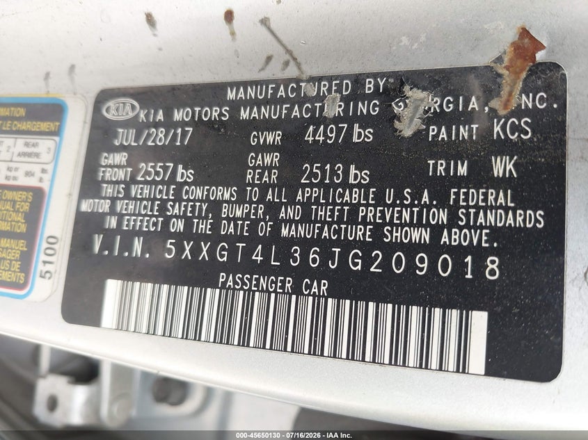 2018 Kia Optima VIN 5XXGT4L36JG209018 IAAI salvage auction — INTERIOR BURN, Salvage Title, sold $625 on 2026-07-31 (photo 9)