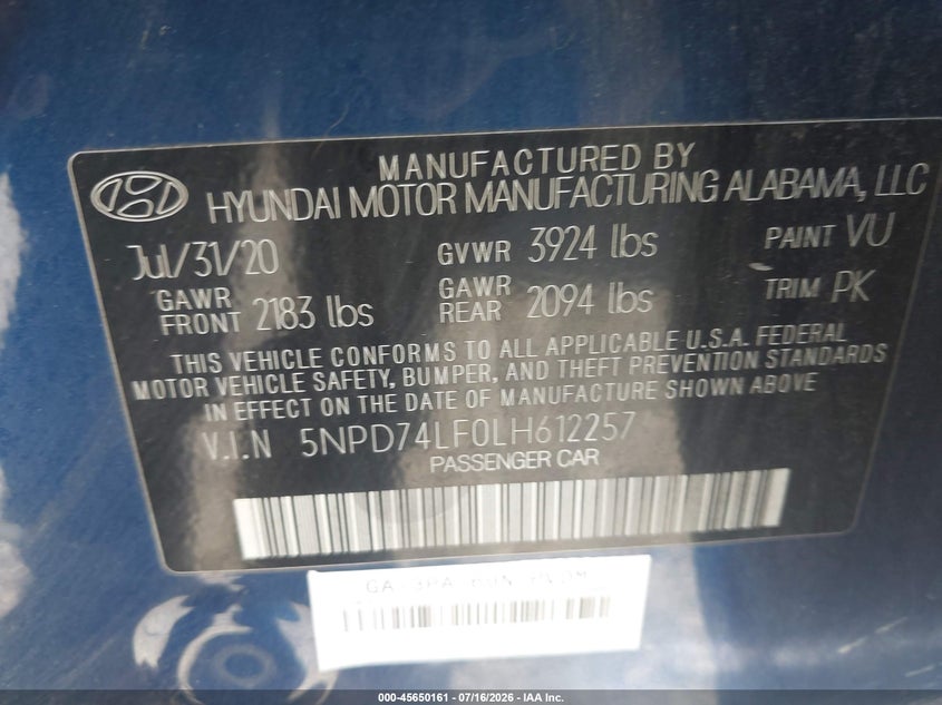 2020 Hyundai Elantra VIN 5NPD74LF0LH612257 IAAI salvage auction — SIDE, SF97 (California), sold $9,450 on 2026-08-25 (photo 9)