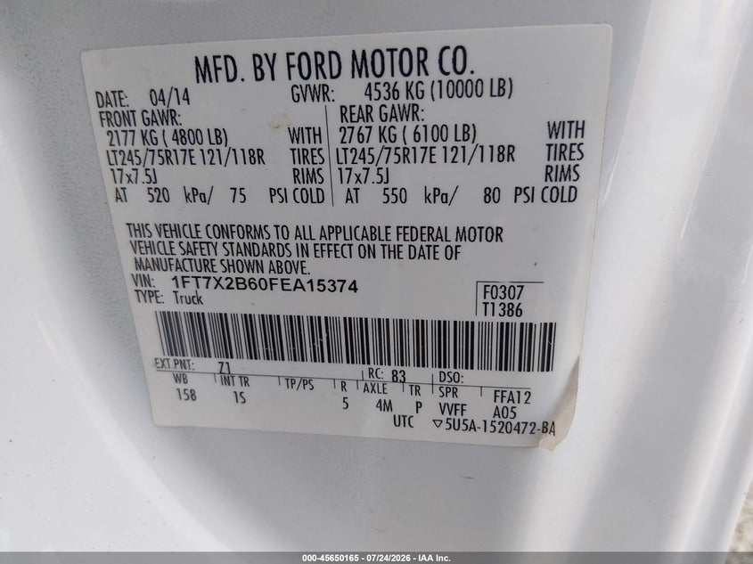 2015 Ford F-250 VIN 1FT7X2B60FEA15374 IAAI salvage auction — NORMAL WEAR, SF97 (Oregon), sold $7,100 on 2026-08-26 (photo 9)