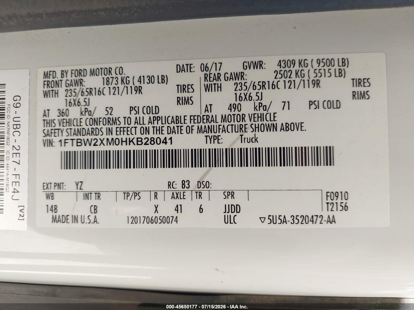 2017 Ford Transit-350 VIN 1FTBW2XM0HKB28041 IAAI salvage auction — NORMAL WEAR, Sf97 (Washington), sold $10,600 on 2026-07-29 (photo 9)