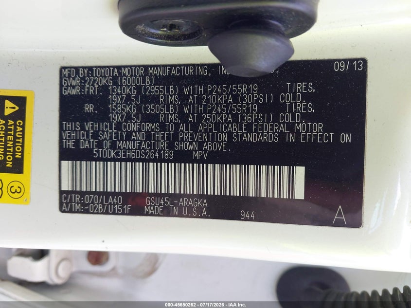 2013 Toyota Highlander VIN 5TDDK3EH6DS264189 IAAI salvage auction — FRONT END, Repossession Paperwork (North Carolina), sold $1,700 on 2026-07-29 (photo 9)