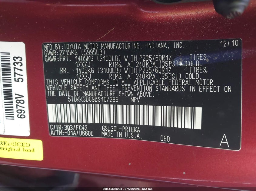 2011 Toyota Sienna VIN 5TDKK3DC9BS107296 IAAI salvage auction — FRONT END, Repossession Paperwork (North Carolina), sold $775 on 2026-07-29 (photo 9)