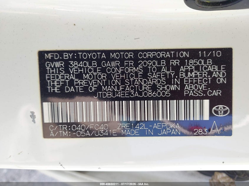 2010 Toyota Corolla VIN JTDBU4EE3AJ086005 IAAI salvage auction — RIGHT FRONT, Repossession Paperwork (North Carolina), sold $300 on 2026-07-29 (photo 9)