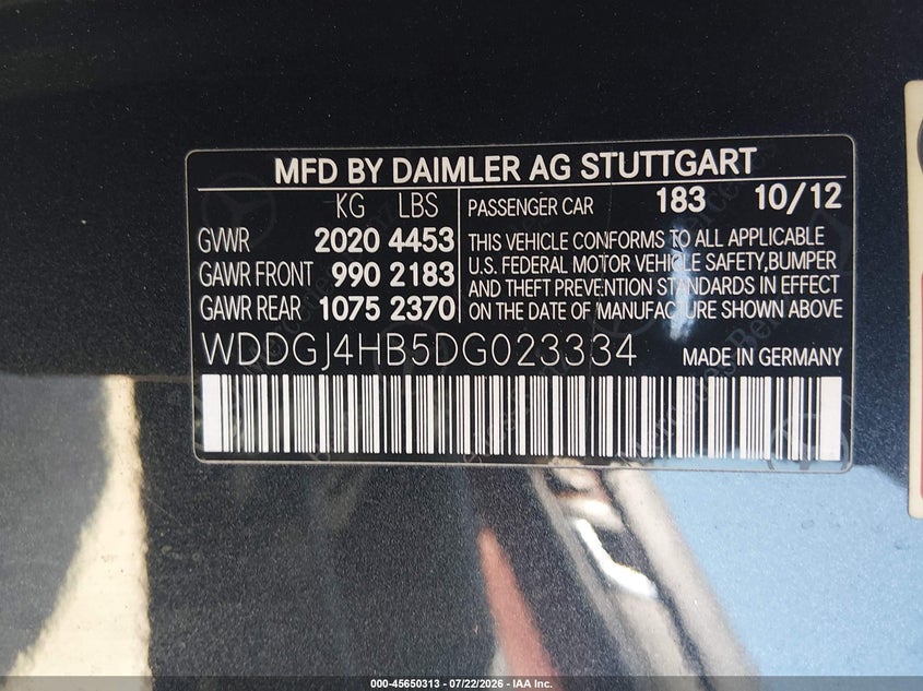 2013 Mercedes-benz C-klasse VIN WDDGJ4HB5DG023334 IAAI salvage auction — NORMAL WEAR, Clear - Dealer Only (California), sold $25 on 2026-07-29 (photo 9)