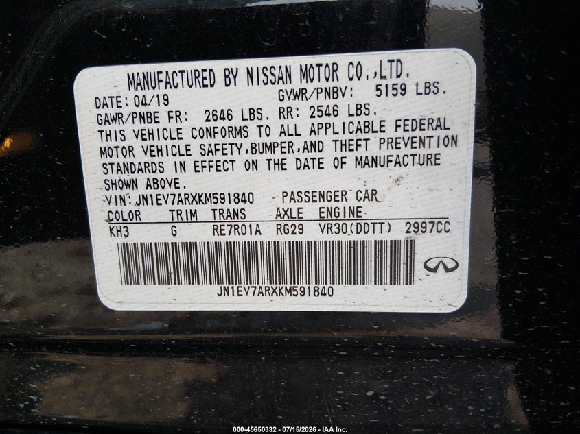 2019 Infiniti Q50 VIN JN1EV7ARXKM591840 IAAI salvage auction — LEFT FRONT, Salvage (Pennsylvania), sold $1,500 on 2026-07-28 (photo 9)