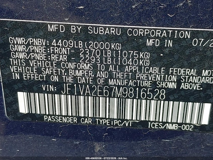 2021 Subaru Wrx sti VIN JF1VA2E67M9816528 IAAI salvage auction — LEFT REAR, Wait Title, sold $9,050 on 2026-08-21 (photo 9)