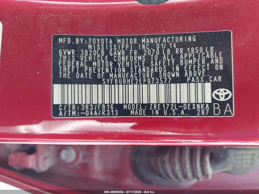 2014 Toyota Corolla VIN 5YFBURHE2EP073577 IAAI salvage auction — RIGHT FRONT, Repossession Paperwork (South Carolina), sold $525 on 2026-07-29 (photo 9)