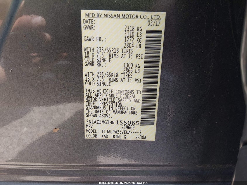 2017 Nissan Murano VIN 5N1AZ2MG1HN155065 IAAI salvage auction — WATER/FLOOD, Wait Title, sold $1,450 on 2026-08-28 (photo 9)