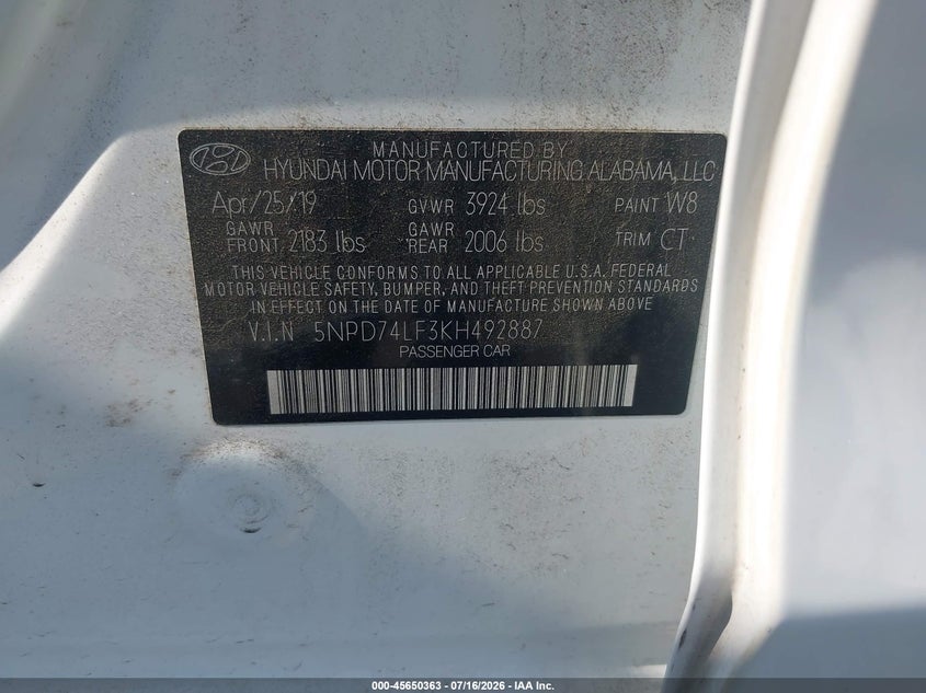 2019 Hyundai Elantra VIN 5NPD74LF3KH492887 IAAI salvage auction — NORMAL WEAR, SF97 (California), sold $11,300 on 2026-08-25 (photo 9)