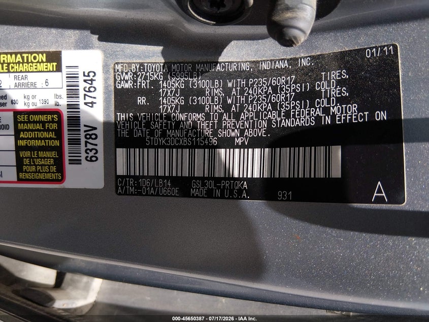 2011 Toyota Sienna VIN 5TDYK3DCXBS115496 IAAI salvage auction — FRONT & REAR, Salvage (Tennessee), sold $200 on 2026-07-28 (photo 9)