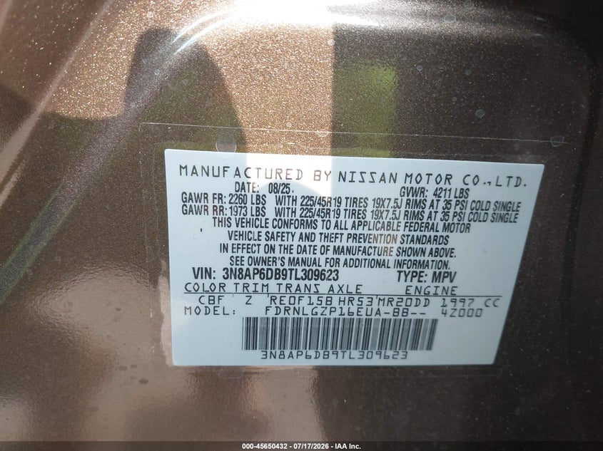 2026 Nissan Kicks VIN 3N8AP6DB9TL309623 IAAI salvage auction — REAR END, Salvage Title, sold $7,200 on 2026-08-01 (photo 9)